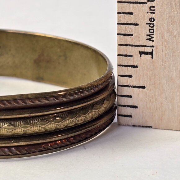 Vintage Bangle Bracelet Mixed Metal Etched Brass & Copper Boho Gypsy Style 8.5in - Picture 7 of 8